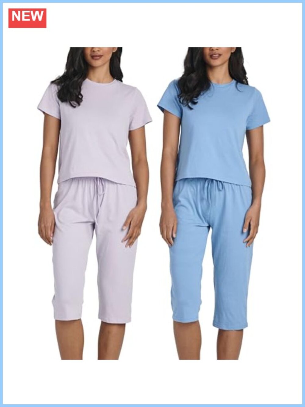 2 Pack Women's Cotton Pajama Sets Crew Tee Capri Pants Sleepwear